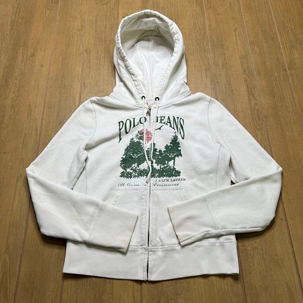 Polo Jeans Co Ralph Lauren Full Zip‎ Hoodie Women’s Medium White Graphic Fleece